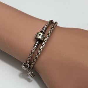 PANDORA 925 Sterling Silver Double Woven Champagne Leather Bracelet Sz 6.5